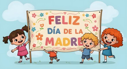 Cheerful cartoon children hold a vibrant, flower-decorated banner, celebrating mothers with love and appreciation on their special day in a delightful illustration