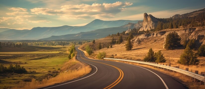 dramatic long winding road through mountainous desert landscape, rocky cliffs on both sides, scenic vista with mountains in the distance, dramatic sky with clouds, cinematic lighting, photorealistic
