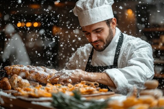 Chef in white hat and apron preparing food.