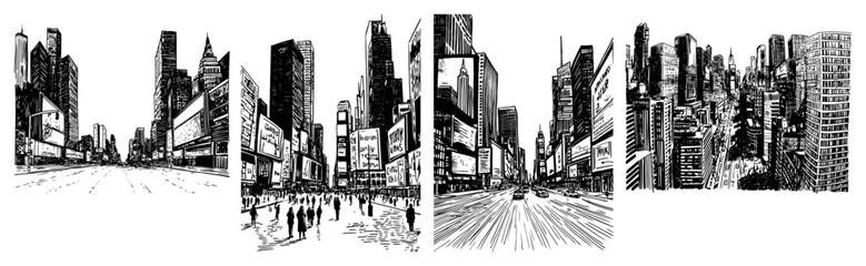 Urban Downtown Streets And Skyscrapers Set black shape vector laser cutting engraving monochrome print