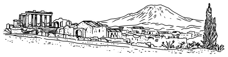 Pompeii Ruins and Mount Vesuvius Hand Drawn Vector