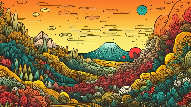 detailed colorful psychedelic landscape, vivid vibrant colors, rolling hills, lush flora, surreal mountains, glowing sky, dreamy atmosphere, digital art, fantasy, intricate details, 8k, hyper realisti - Powered by Adobe