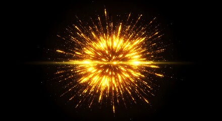 Golden explosion of light, fireworks effect on black background