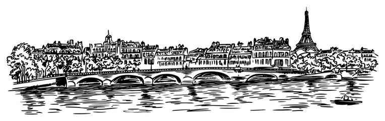 Fototapeta premium Paris Skyline with Eiffel Tower and Seine River Bridge