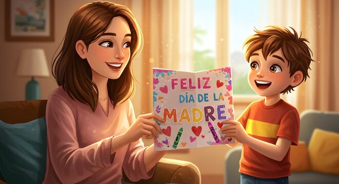 Heartwarming illustration of a son presenting a handcrafted card to his mother, symbolizing family love, gratitude, and a special celebration of maternal bonds