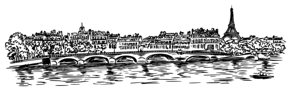 Paris Skyline with Eiffel Tower and Seine River Bridge