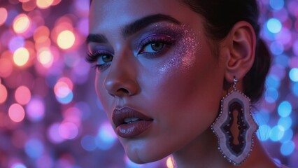 Close-up portrait of a young woman with glamorous glitter makeup, dramatic eyelashes, and statement earrings against a colorful neon bokeh background