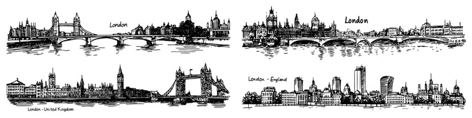 Fototapeta premium London Cityscape Collection with Tower Bridge Black Shape Vector Laser Cutting Engraving Monochrome Print