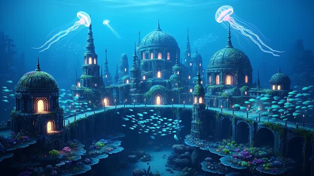 A magnificent lost city underwater with glowing jellyfish and schools of fish swimming by