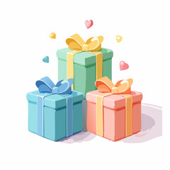 Obraz premium A charming illustration of three pastel-colored gift boxes tied with bows, surrounded by small hearts on a white background