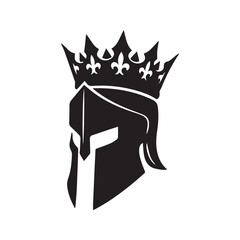Spartan Helmet with Royal Crown Silhouette. Ancient Warrior King Headgear Vector Logo.
