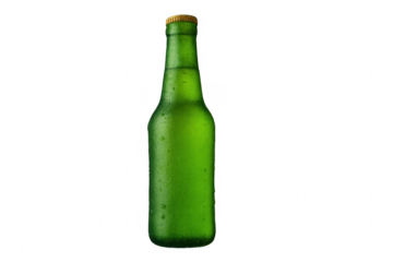 Cold green beer bottle with water drops