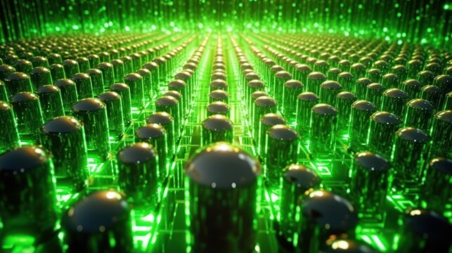 a vast army of green glowing humanoid figures, standing in rigid formations, with neon green lights emanating from their bodies, creating a mesmerizing and dystopian sci-fi landscape, digital art, cin