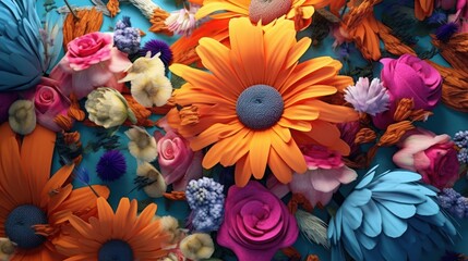 a vibrant bouquet of colorful flowers, including large orange gerbera daisies, deep red roses, blue hydrangeas, and a variety of other blooms in lush, vivid hues, arranged in a dynamic, eye-catching c