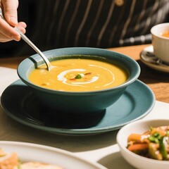 4k high quality Ai generative HD photo realistic bowl soup cream pumpkin jagung sup krim mangkok hangat panas hot healthy vegetable coriander