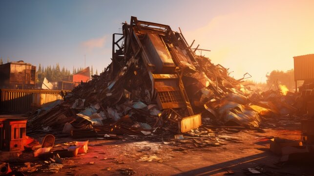 a crumbling post-apocalyptic cityscape, massive metal structures in ruins, debris and rubble strewn everywhere, orange and yellow hues from a dramatic sunset, cinematic lighting, highly detailed, intr