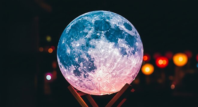Realistic 3D Printed Moon Lamp on Wooden Stand Glowing Against Dark Bokeh Lights Background