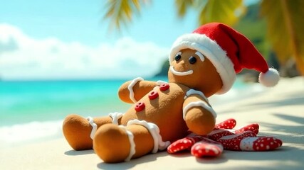 Gingerbread man wearing a festive Santa hat lounges on a sandy beach, surrounded by tropical scenery, embodying a cheerful holiday spirit in a sunny paradise - Powered by Adobe
