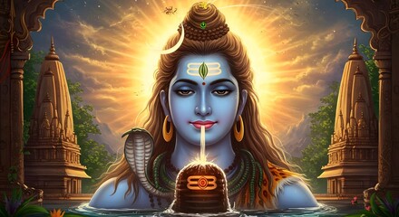 Celestial portrait of Lord Shiva in profound meditation, emanating divine light and spiritual energy near the sacred Ganges river