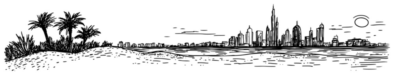 Hand Drawn Sketch of the Dubai Skyline from the Beach
