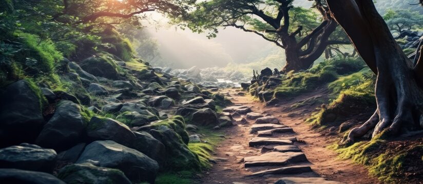 lush forest path, mossy rocks, sunlight filtering through trees, fantasy landscape, atmospheric lighting, detailed foliage, winding trail, mysterious atmosphere, enchanting scenery, serene nature, bea