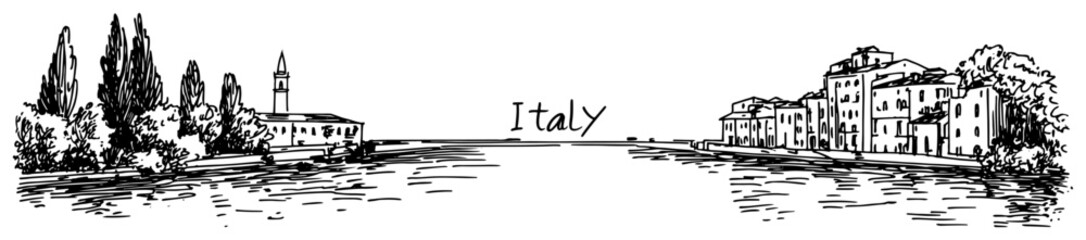 Scenic Hand Drawn Illustration of an Italian Town on the Water