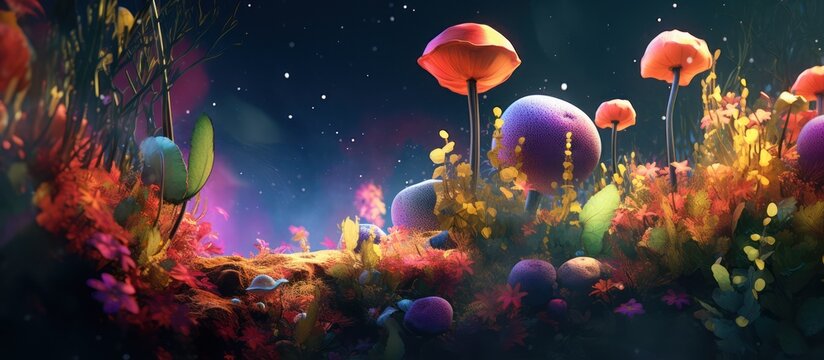 luminous mushroom forest, vibrant colors, glowing spores, magical fairy tale landscape, ethereal atmosphere, dreamlike fantasy scene, lush vegetation, captivating lighting, whimsical nature, detail-ri
