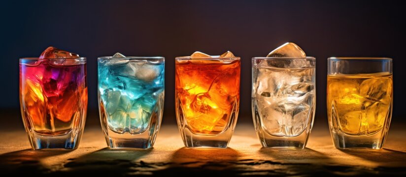 a row of old-fashioned glasses filled with various cocktails or alcoholic drinks, including a red cocktail, a blue cocktail, an orange cocktail, and two other amber-colored drinks, on a dark backgroun
