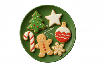 Christmas gingerbread cookies and holiday sugar biscuits on a green plate, celebrating winter festive season on transparent background