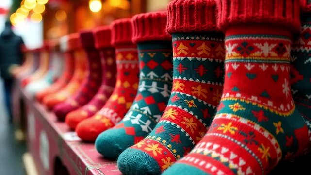 Colorful Christmas socks displayed in a festive market, showcasing intricate patterns and vibrant colors, creating a warm holiday atmosphere with joyful spirit and seasonal charm