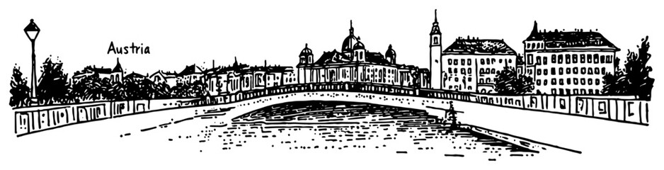 Naklejka premium Austrian River City with Bridge Panorama Illustration