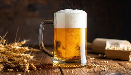 Light Beer in Glass Mug on Wooden Table.