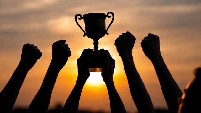 Silhouettes of raised fists celebrating victory at sunset, symbolizing achievement and triumph. A trophy is held high, representing success in competition and teamwork.