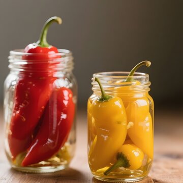 4k high quality Ai generative HD photo realistic food  glass jar red yellow peppers Mexico lombok cabai cabe cuka acar jalapeno chilli big closeup water