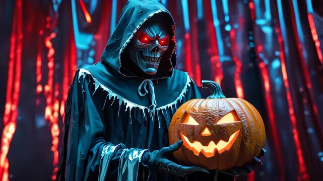 A towering grim reaper in a ragged, dark hooded cloak with silver trim and glowing red eyes clutches a carved, luminous pumpkin with a wicked grin, set against a vivid red foil backdrop