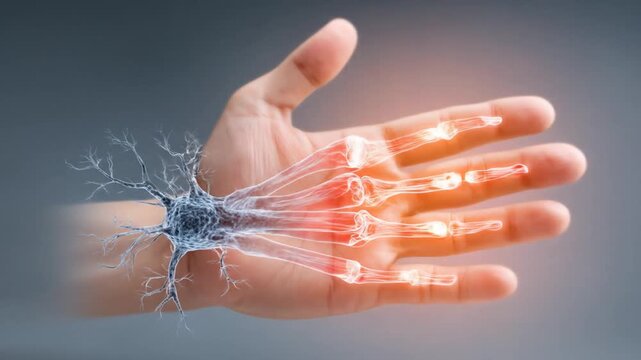Human hand with visible bone and nerve structure against a gradient gray background