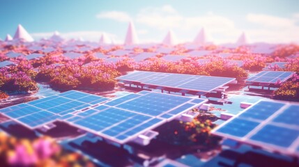cherry blossom, sakura, solar panels, solar farm, blue sky, green meadow, futuristic, digital art, cinematic, vibrant colors, landscape, dreamy, whimsical

