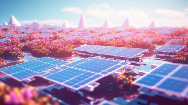 cherry blossom, sakura, solar panels, solar farm, blue sky, green meadow, futuristic, digital art, cinematic, vibrant colors, landscape, dreamy, whimsical
 - Powered by Adobe