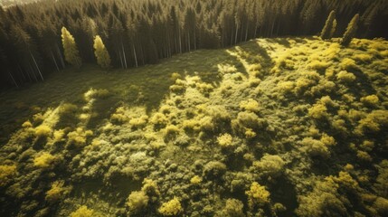Naklejka premium dense forest, lush greenery, golden sunlight filtering through, mossy rocks, ferns, overgrown landscape, tranquil pond, serene atmosphere, atmospheric lighting, nature, wilderness, peaceful 