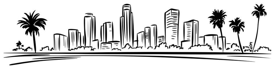 City Skyline with Palm Trees Vector Illustration