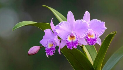 Close-up of Purple Cattleya Orchid Blossoms.