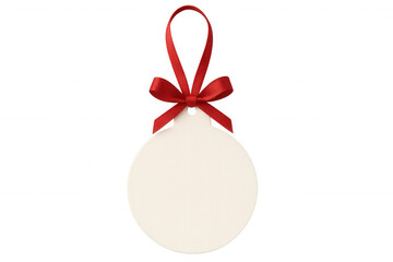 Christmas ornament tag blank, hanging with red ribbon and bow, ready for holiday greetings, white isolated