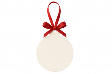 Christmas ornament tag blank, hanging with red ribbon and bow, ready for holiday greetings, white isolated