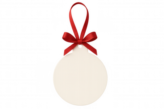 Christmas ornament tag blank, hanging with red ribbon and bow, ready for holiday greetings, white isolated