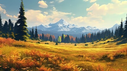 tall pine trees, snow-capped mountains, grassy meadow, colorful autumn foliage, dramatic sky with clouds, serene landscape, expansive mountain vista, tranquil and peaceful atmosphere

