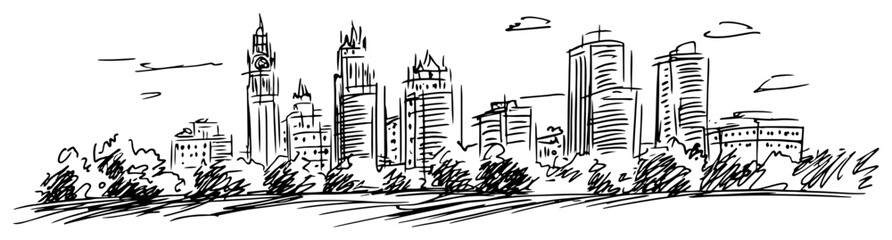 Modern City Skyline with Park Trees Sketch