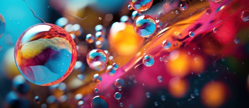 colorful, vibrant, macro, close-up shot, water droplets, soap bubbles, abstract, bokeh, reflections, iridescent, dreamlike, magical, ethereal, whimsical, photographic style, cinematic lighting, depth