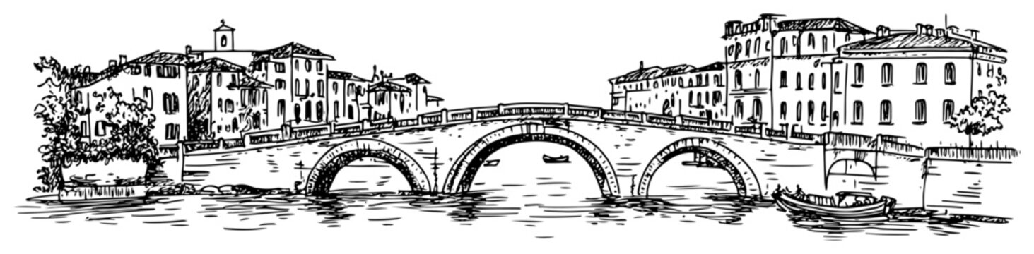 Old European Stone Bridge Over River Cityscape black shape vector laser cutting engraving monochrome print