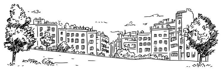Obraz premium European Apartment Buildings by Park Hand Drawn Vector