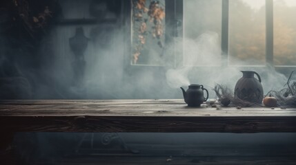 weathered wooden table, antique teapots, steam rising, atmospheric lighting, cozy and inviting, moody and vintage, cinematic, 8k, detailed, highly realistic
